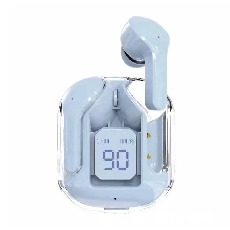Transparent space capsule true wireless Bluetooth headset with digital display and plastic case in various colours
