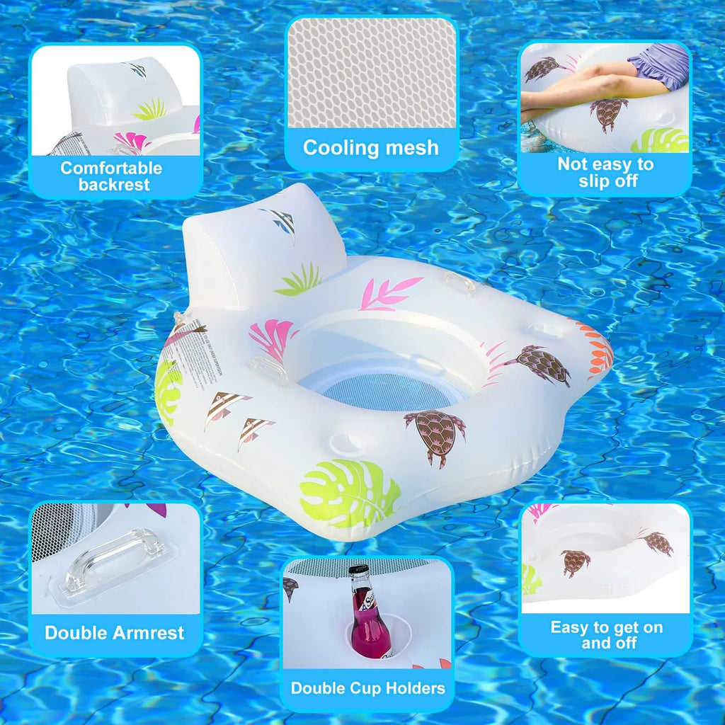White U-shaped inflatable pool float with LED lights illuminated on water