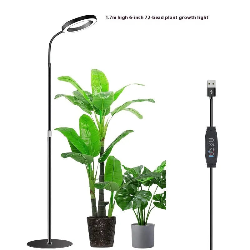 Adjustable floor-standing plant grow light with a circular angel ring head on a tall pole.