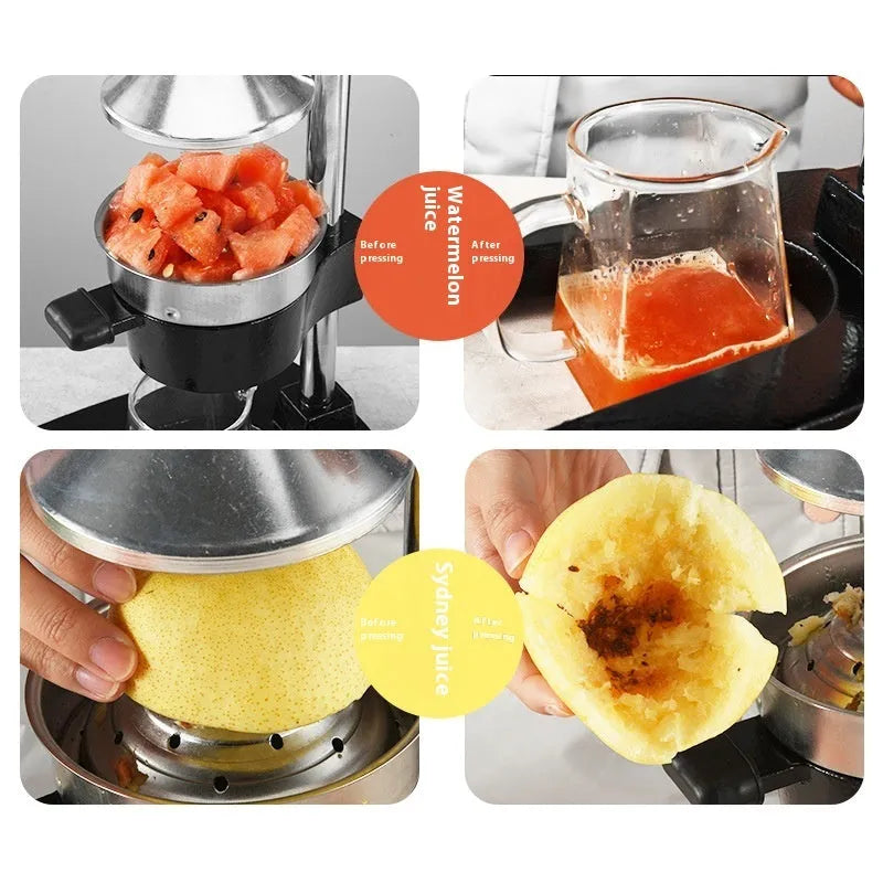 Black and white cast iron manual citrus juicer with stainless steel strainer, 40cm tall.