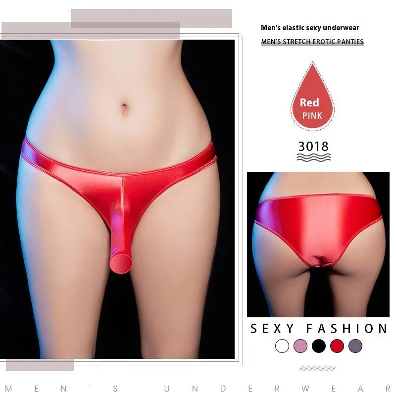 Men's shiny nylon low waist T-back underwear on a colour swatch showing black, grey, pink, red and white.
