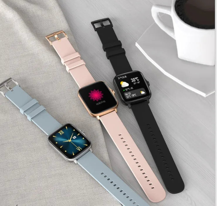 Smart watch with blue strap and 1.7-inch colour touch screen showing fitness stats