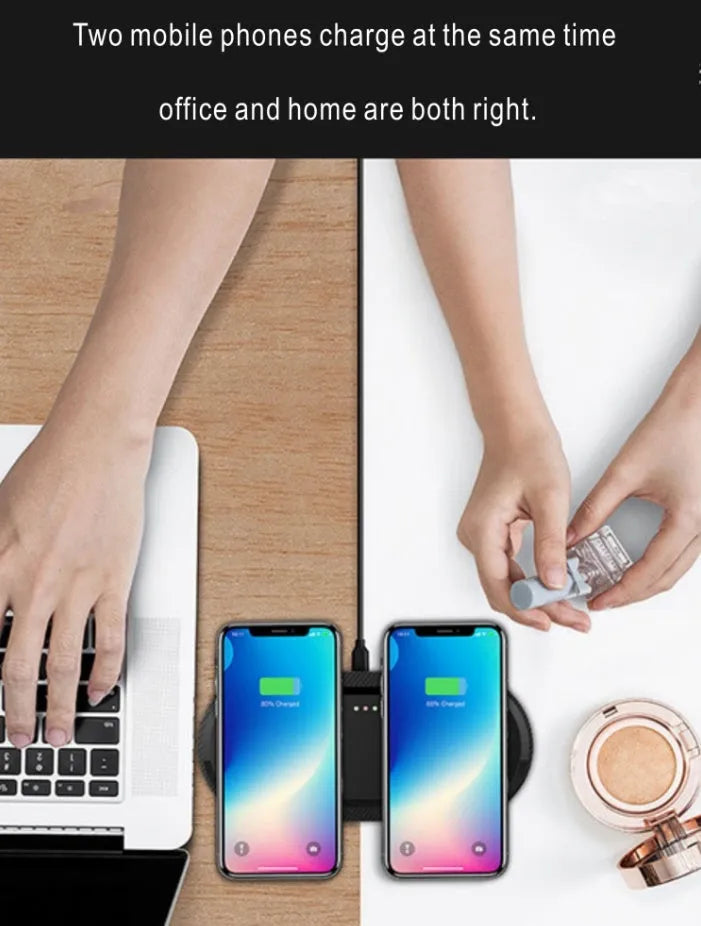 Black and white dual wireless charger charging two phones simultaneously with type-C cable