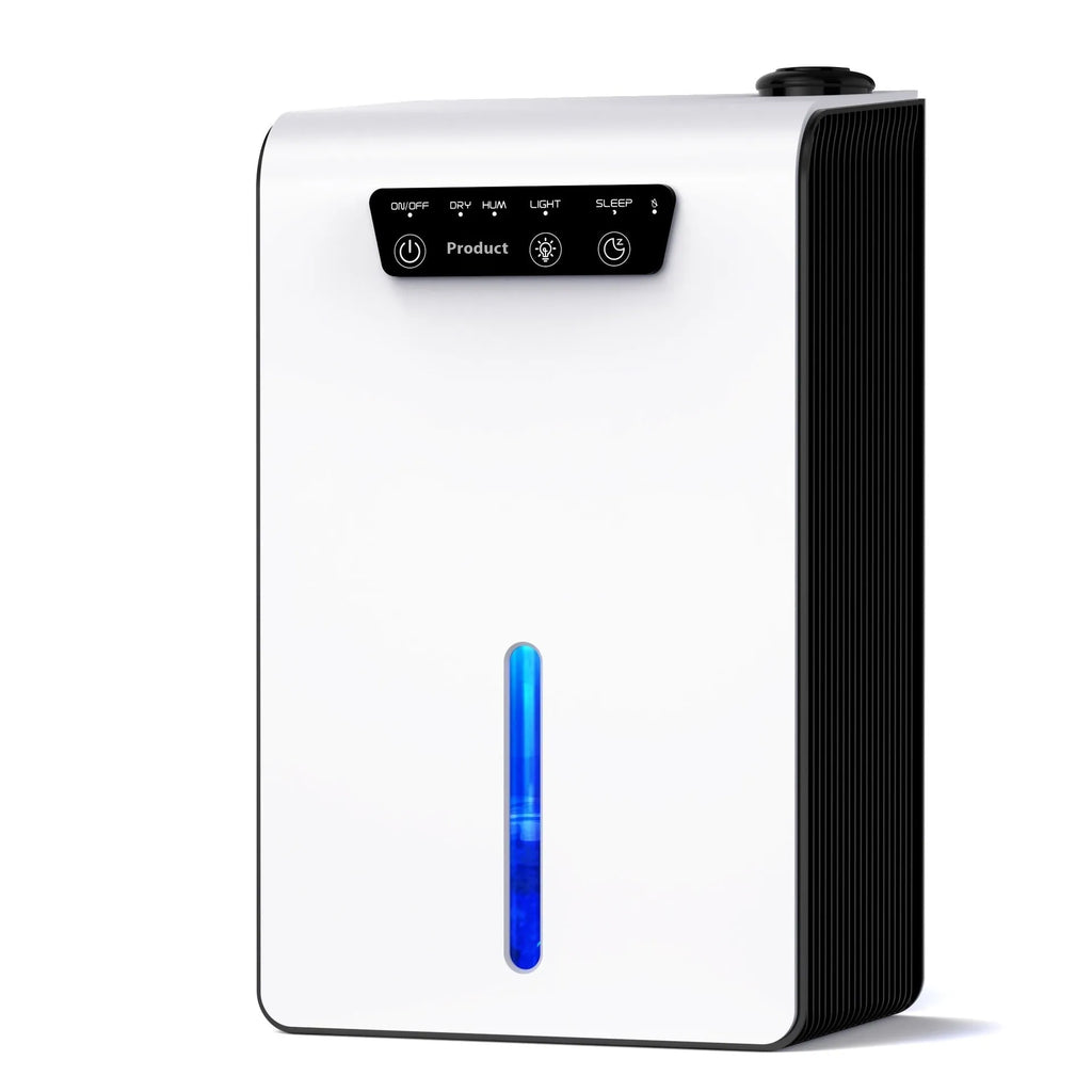 Milky white small household dehumidifier for bedroom use on a floor
