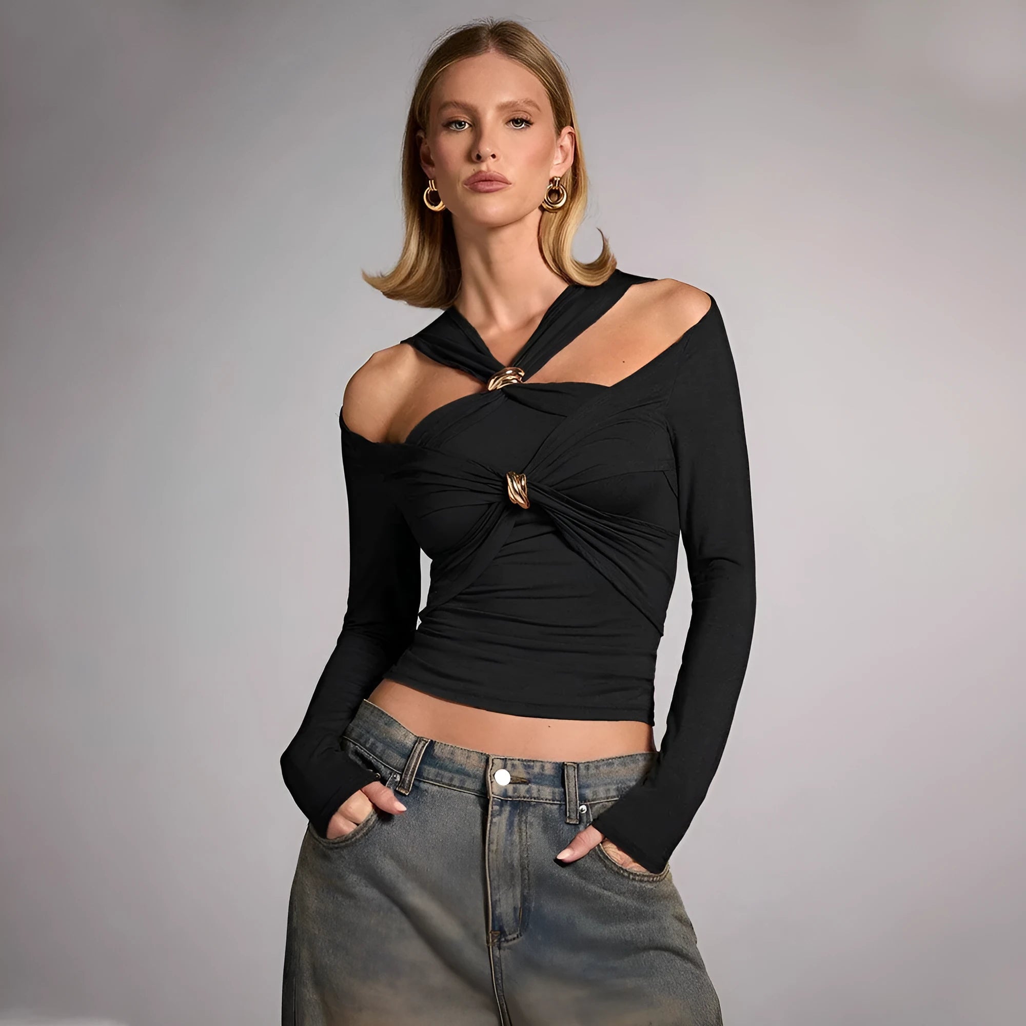 Black women's slim fit halter top with long sleeves on a model.
