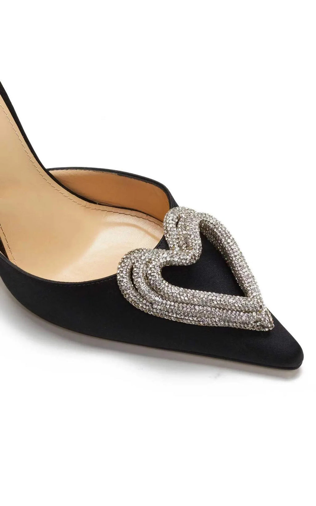 Women's pink satin sandal with heart-shaped rhinestone decoration and pointed toe.