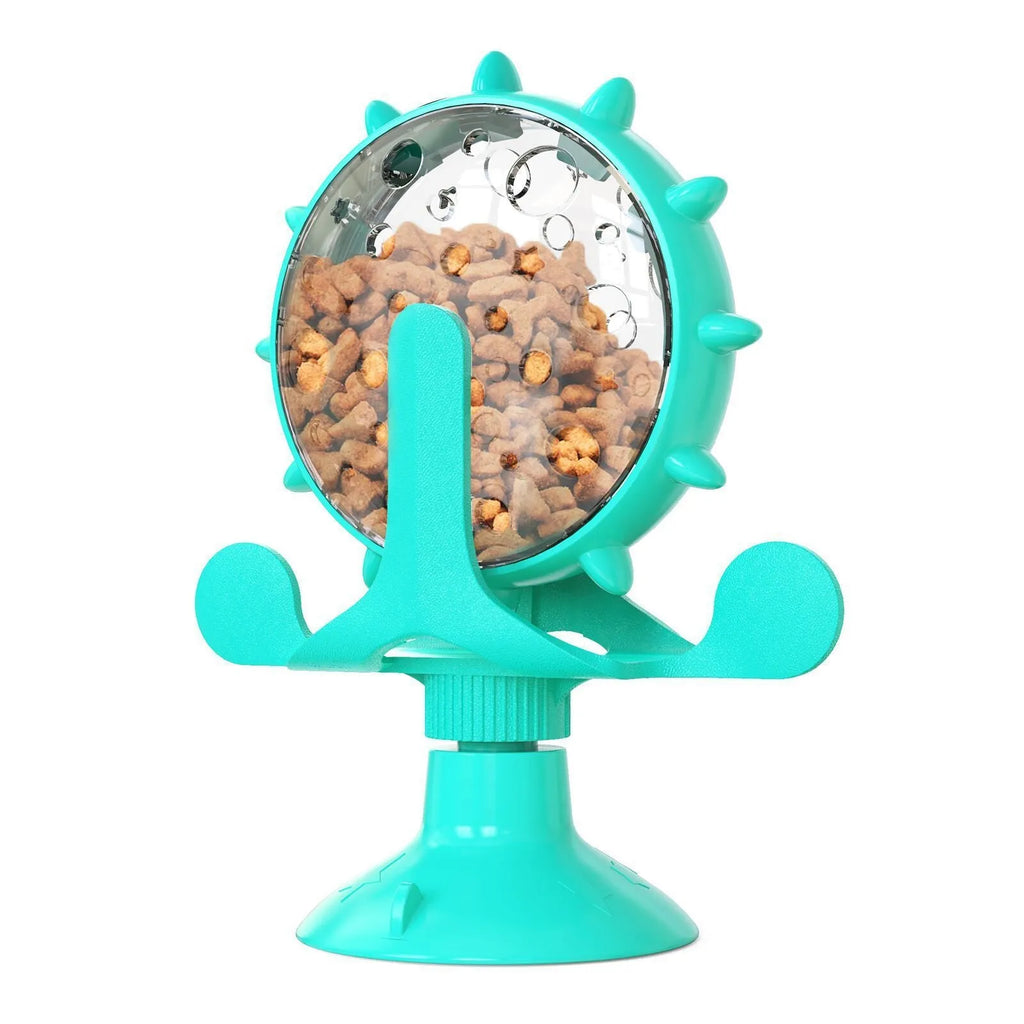 Interactive pet puzzle slow feeder toy with suction cup base in blue, green, red, or yellow colour.