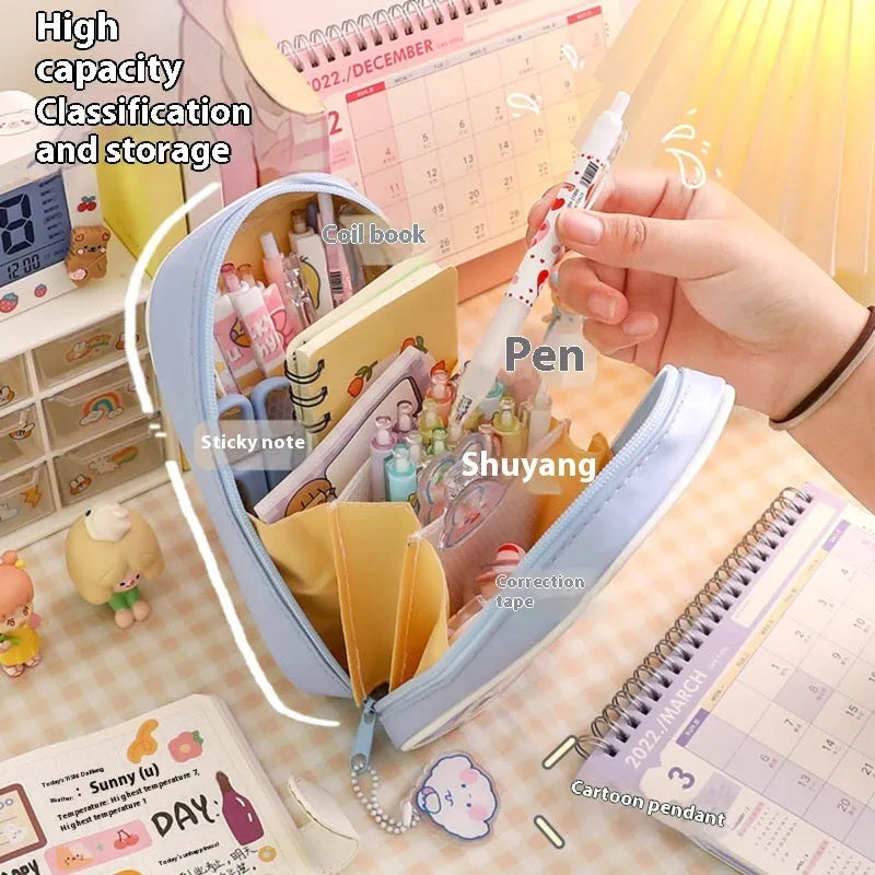 Transparent cartoon pencil case with large capacity and vertical South Korea style patterns