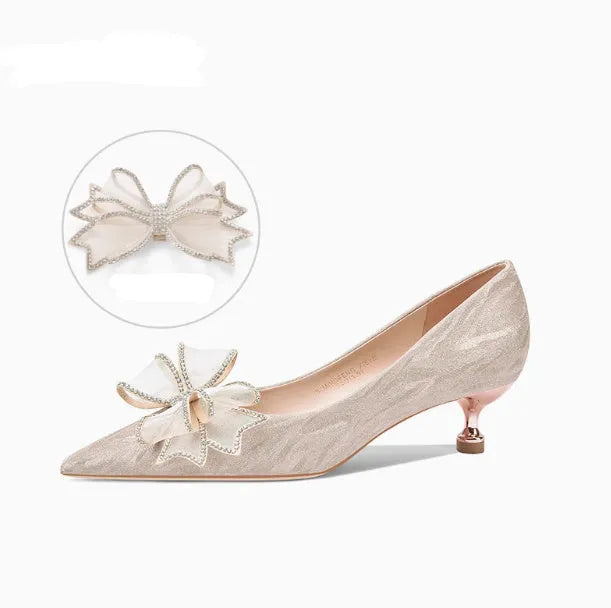 Women's champagne sequin stiletto heel pumps with pointed toe for wedding events