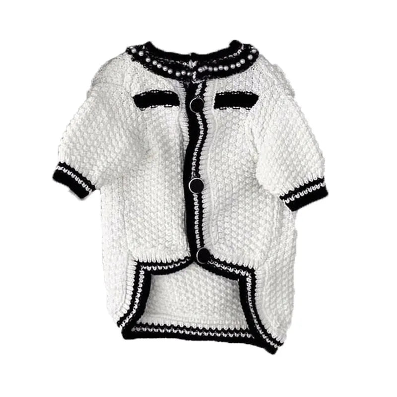 Korean princess style dog sweater with pearl collar for small dogs in black and white colours