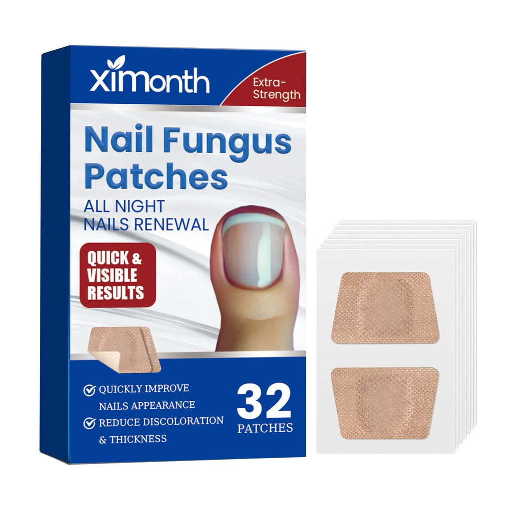 Box of 32 nail nursing adhesive bandage patches for nail repair, each patch 6.1cm by 3.5cm.
