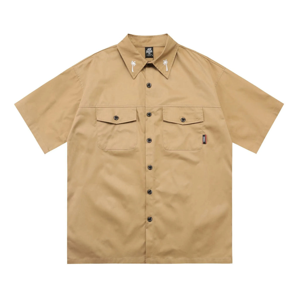 Men's black plus size loose fit cotton shirt with embroidery detailing on half sleeves