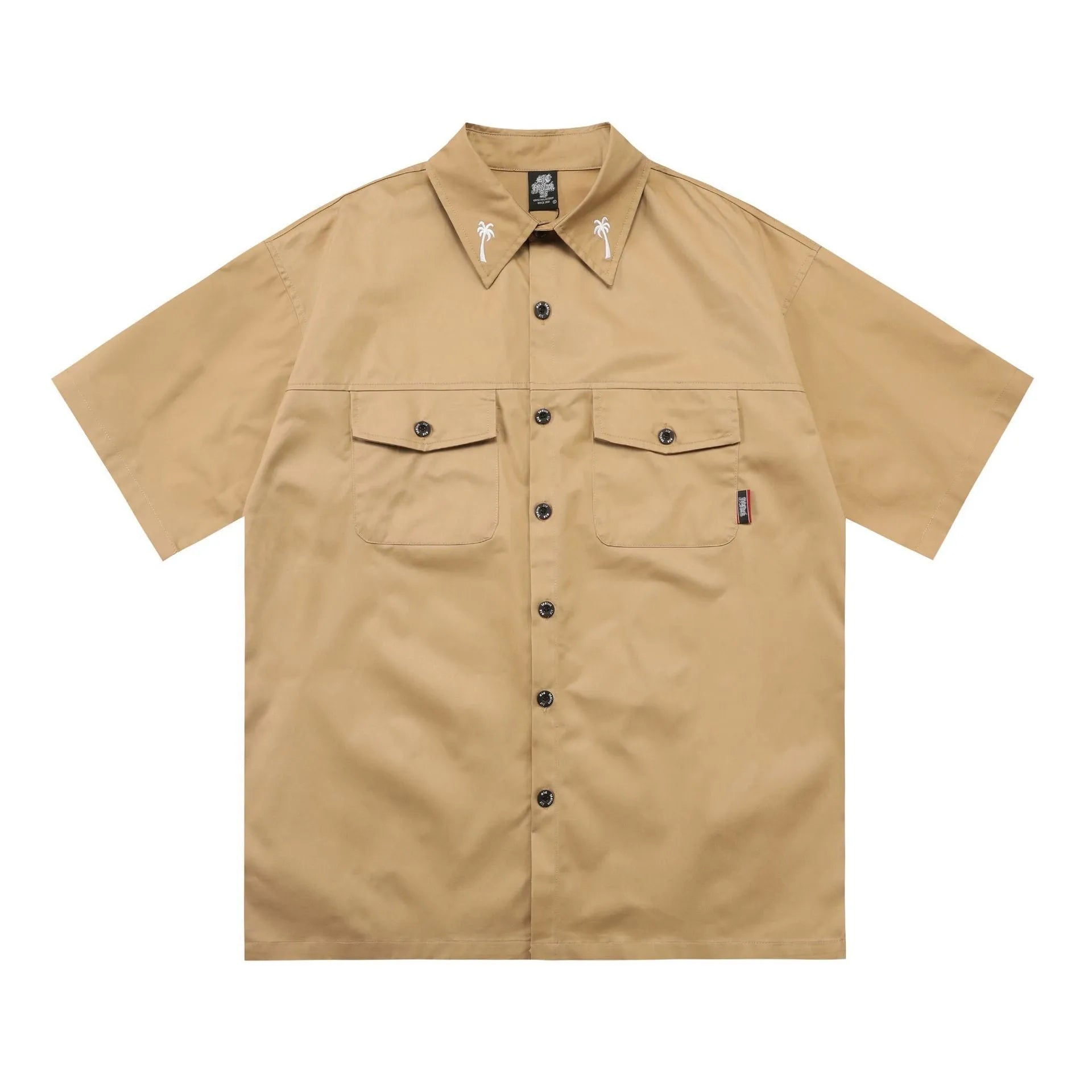 Men's black plus size loose fit cotton shirt with embroidery detailing on half sleeves