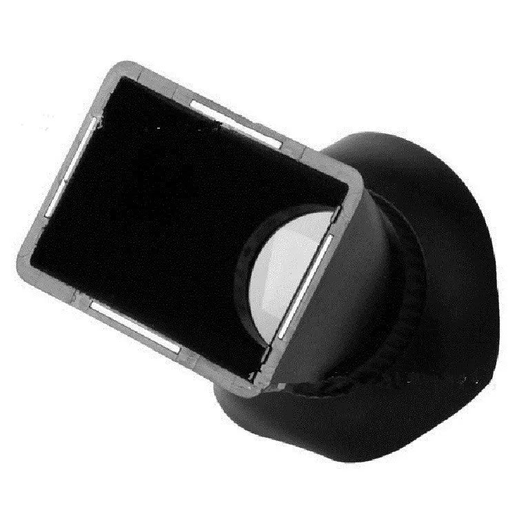 Black camera framing amplifier with optical lens, shown mounted on a DSLR camera LCD screen.