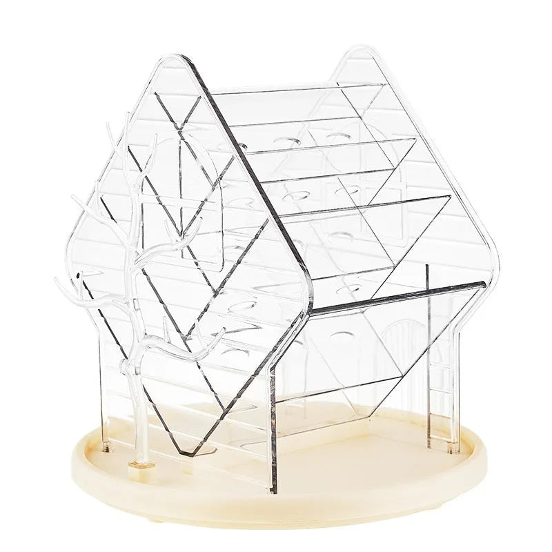 Rotating cosmetics storage box in clear and amber gold colours showing 360-degree rotation mechanism
