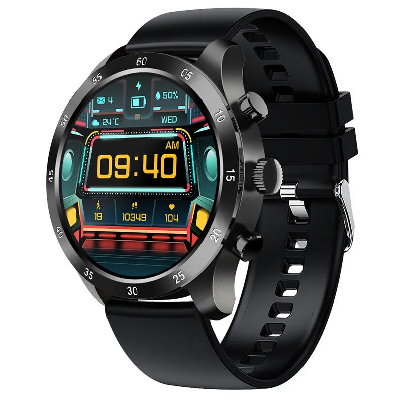 Black steel smart watch on wrist showing Bluetooth calling interface and health metrics.