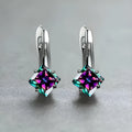 Copper women's stud earrings with diamond design and inlaid zircon in blue, green colours.