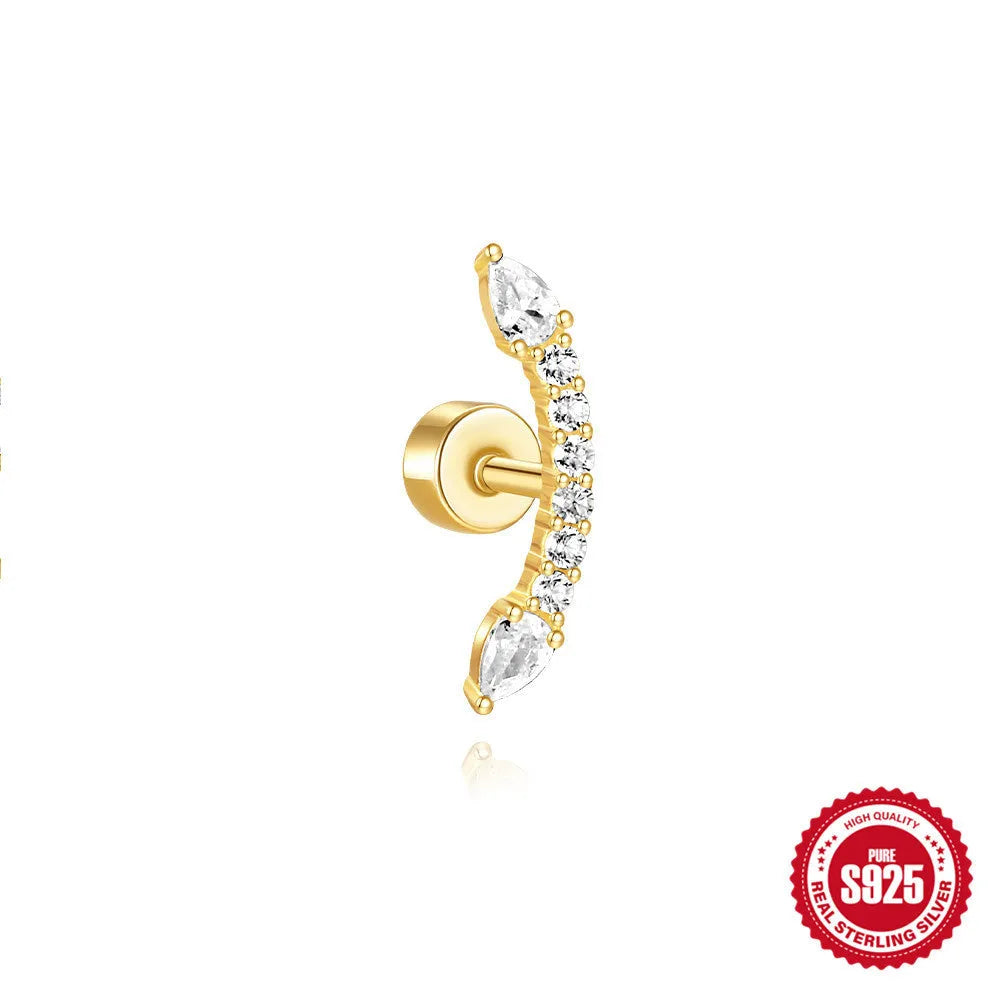 S925 sterling silver flat column geometric ear bone studs with thread detail in a gold colour finish