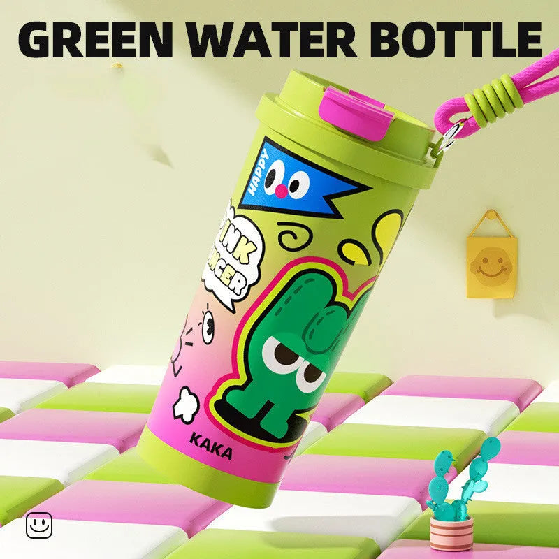 Insulated vacuum cup with creative design showing colour options including green, black, pink purple, and blue and red variations
