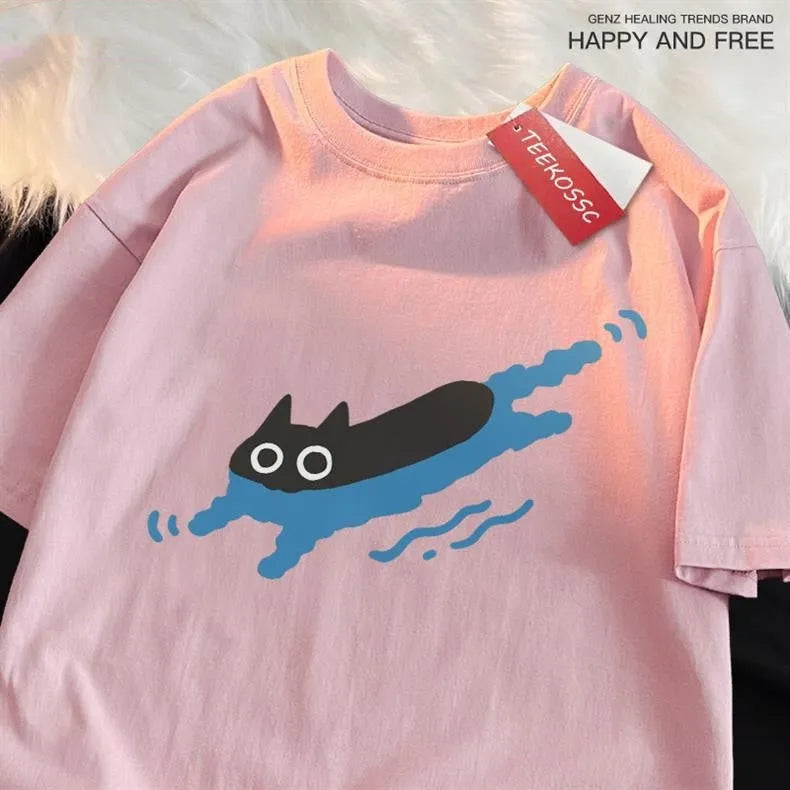Women's black cat design short sleeve cotton T-shirt for diving and swimming pool leisure
