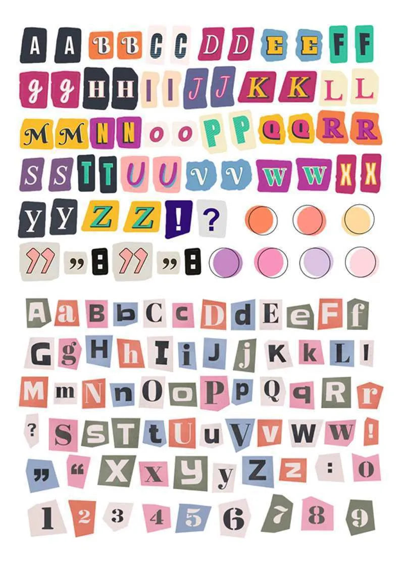Set of cute printed English letter and weekly word stickers for labelling and crafts.