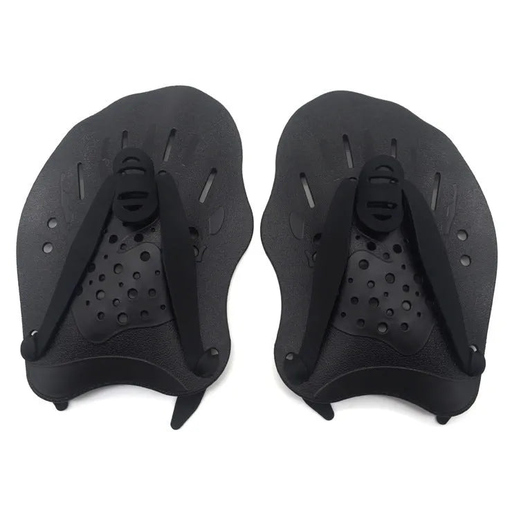 A pair of freestyle swim training paddles with hand webbing in multiple colour options on a blue background.