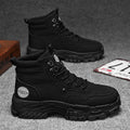 Men's black and yellow high-top Martin boots with a mid heel on a white background.