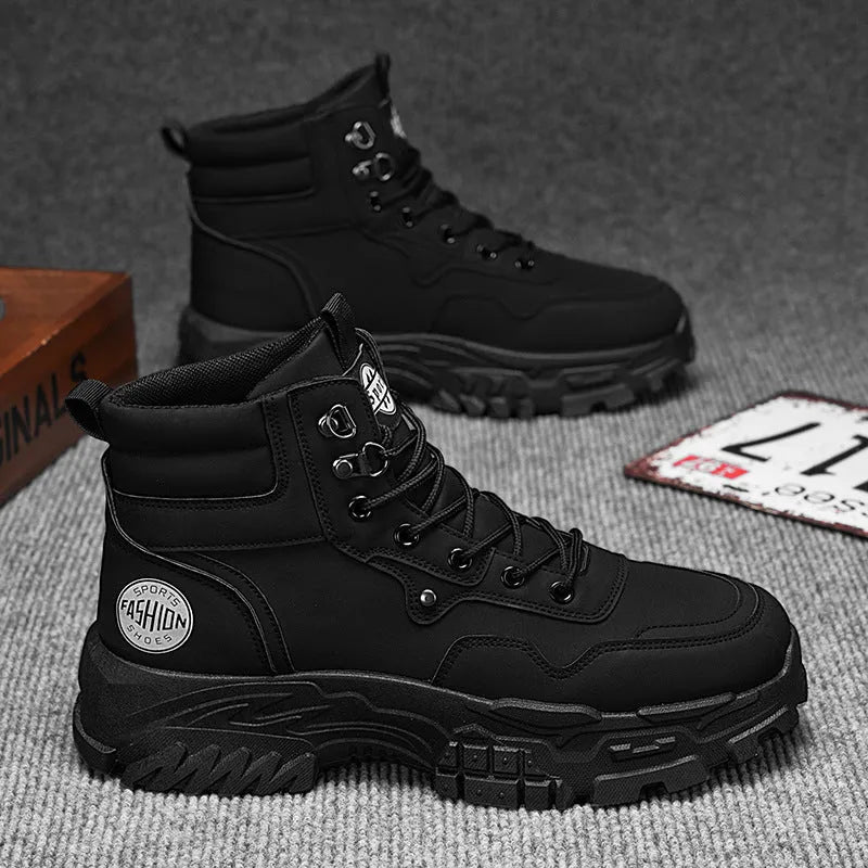 Men's black and yellow high-top Martin boots with a mid heel on a white background.