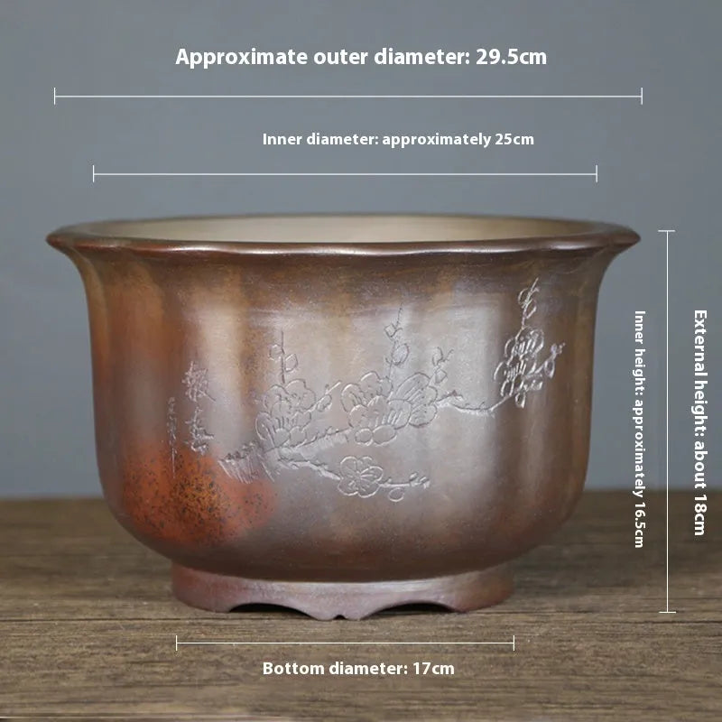 Purple sand ceramic bonsai pot with antique carved wood grain design