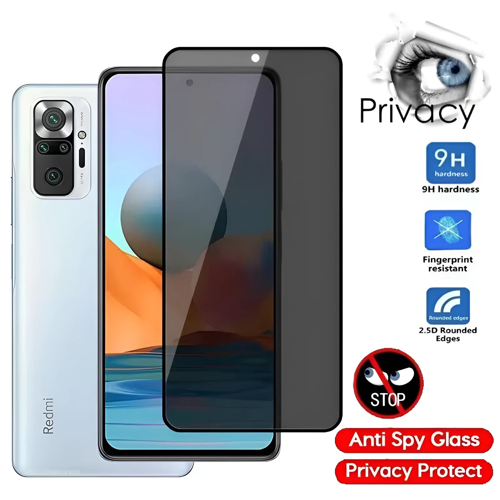 Minimalist anti-spy privacy screen protector for Xiaomi Poco and Redmi Note smartphones with blue light filter