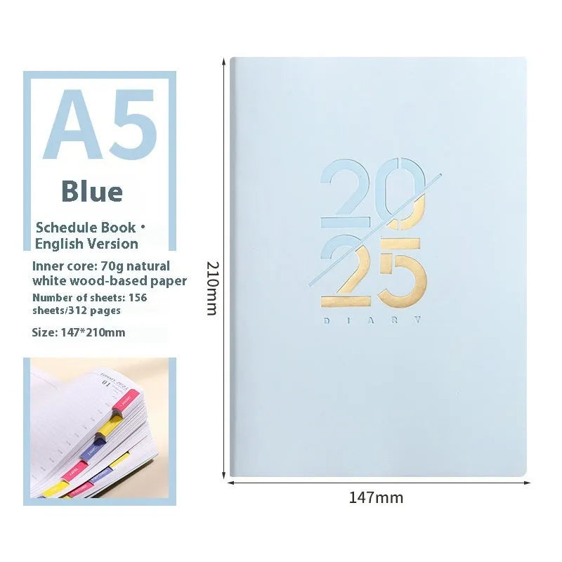 Soft faux leather A5 daily planner book open on a desk, showing Dorian paper pages and available colour variants.