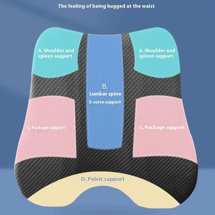 Grey lumbar support cushion for office chair, dimensions 40cm by 40cm by 8cm thick.