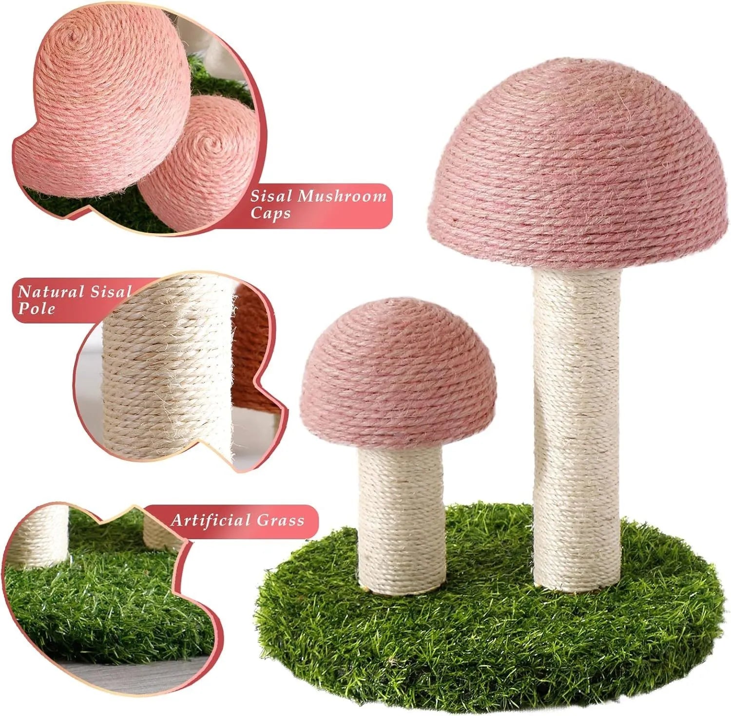 Mushroom-shaped cat scratching post with natural sisal caps for small cats