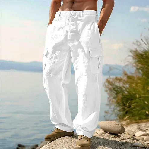 Men's loose fit cotton wide-leg casual trousers in light army green colour