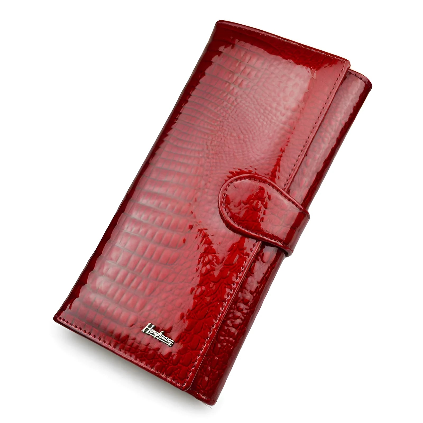 Wine red women's leather coin purse with a shiny crocodile pattern texture and open interior.
