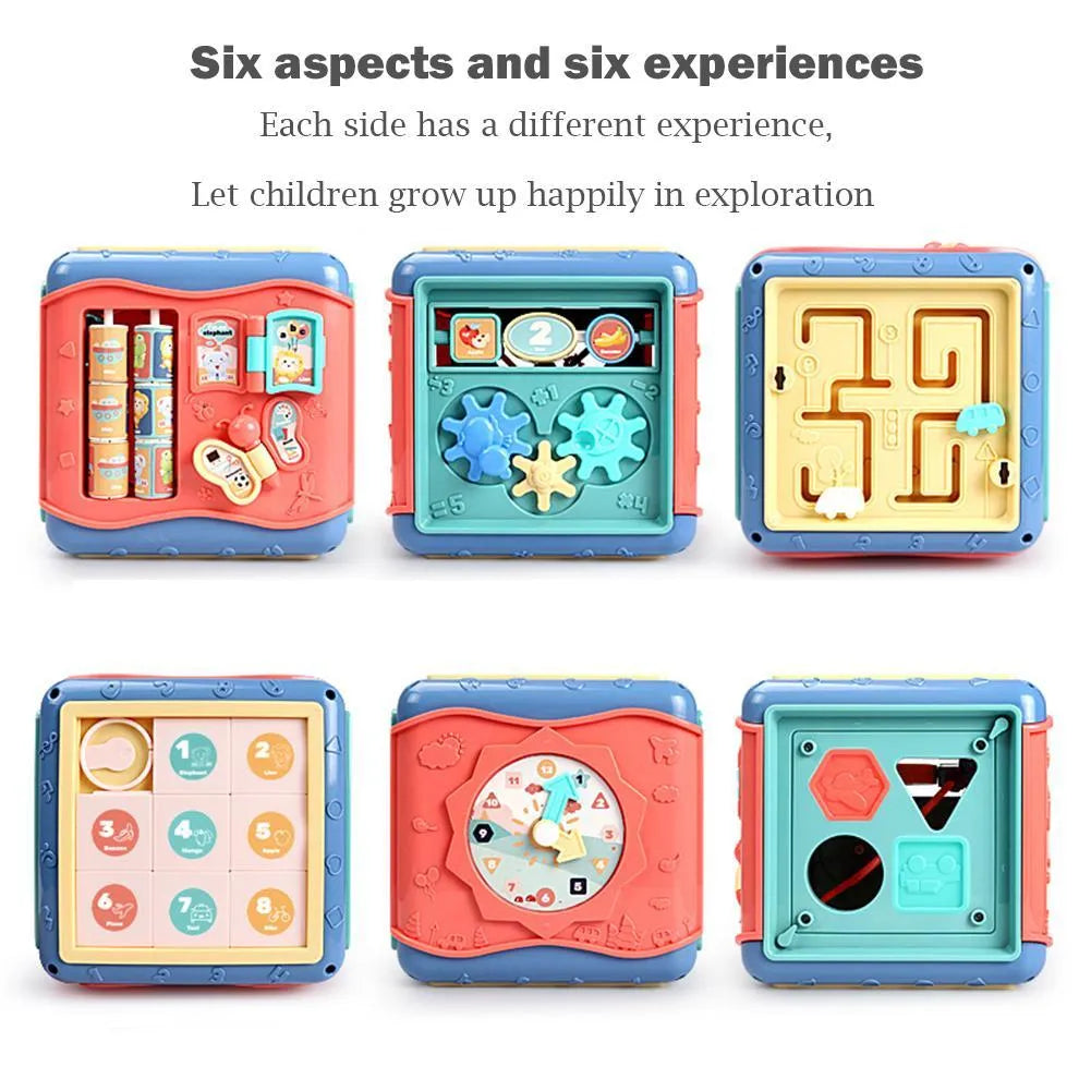 Colourful baby educational toy cube with six different activity sides including bead maze and gears.