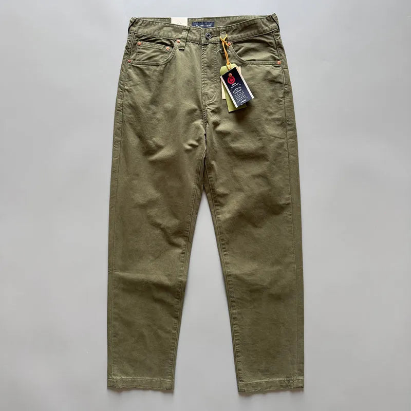 Men's grey straight-leg cotton casual trousers laid flat, showing mid-waist and inelastic design.