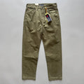 Men's grey straight-leg cotton casual trousers laid flat, showing mid-waist and inelastic design.