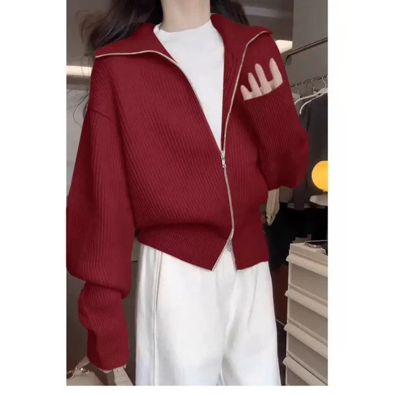 Hong Kong style double zipper knitted cardigan with floral decoration in loose fit free size