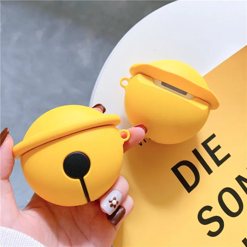 Bright yellow bell-shaped silicone protective case for Apple AirPods 1 and 2 with a carrying hook.