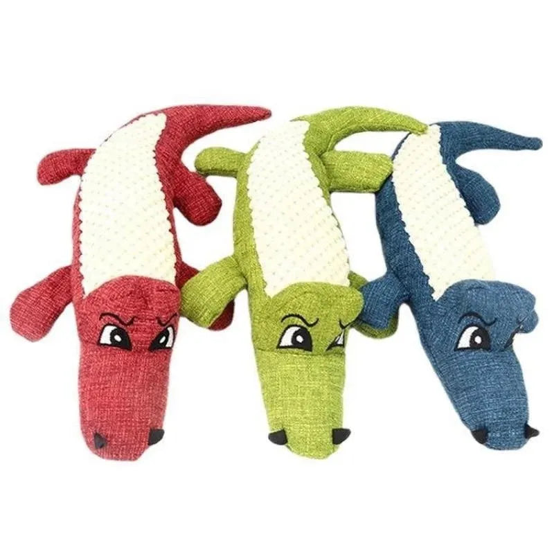 Blue, green and red squeaky plush chew toy for cats and dogs to bite and shake.