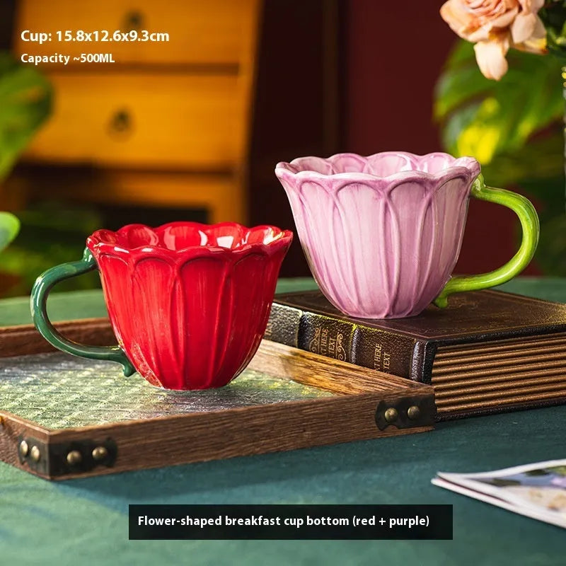 Ceramic breakfast cup with floral pattern, 500ml capacity, purple and red colour options
