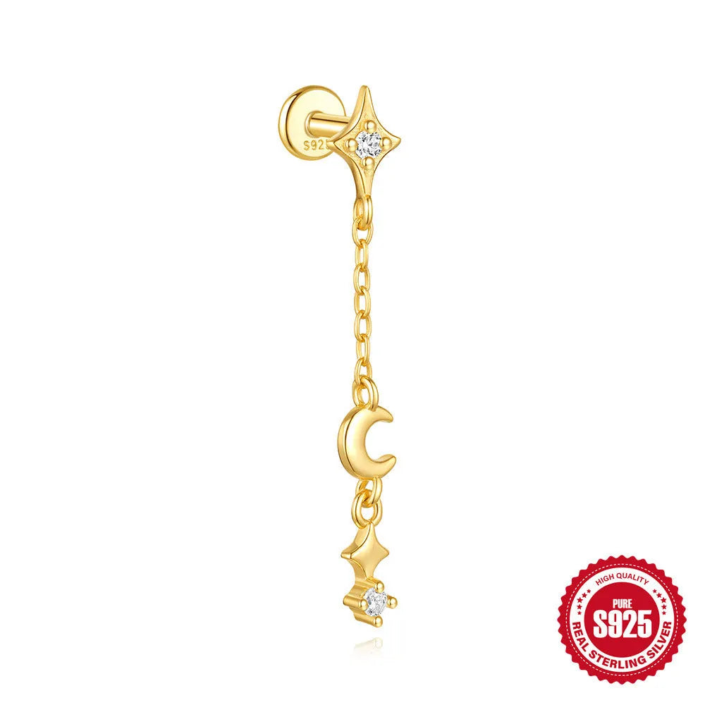 S925 sterling silver geometric earrings with a gold-plated moon and star design.