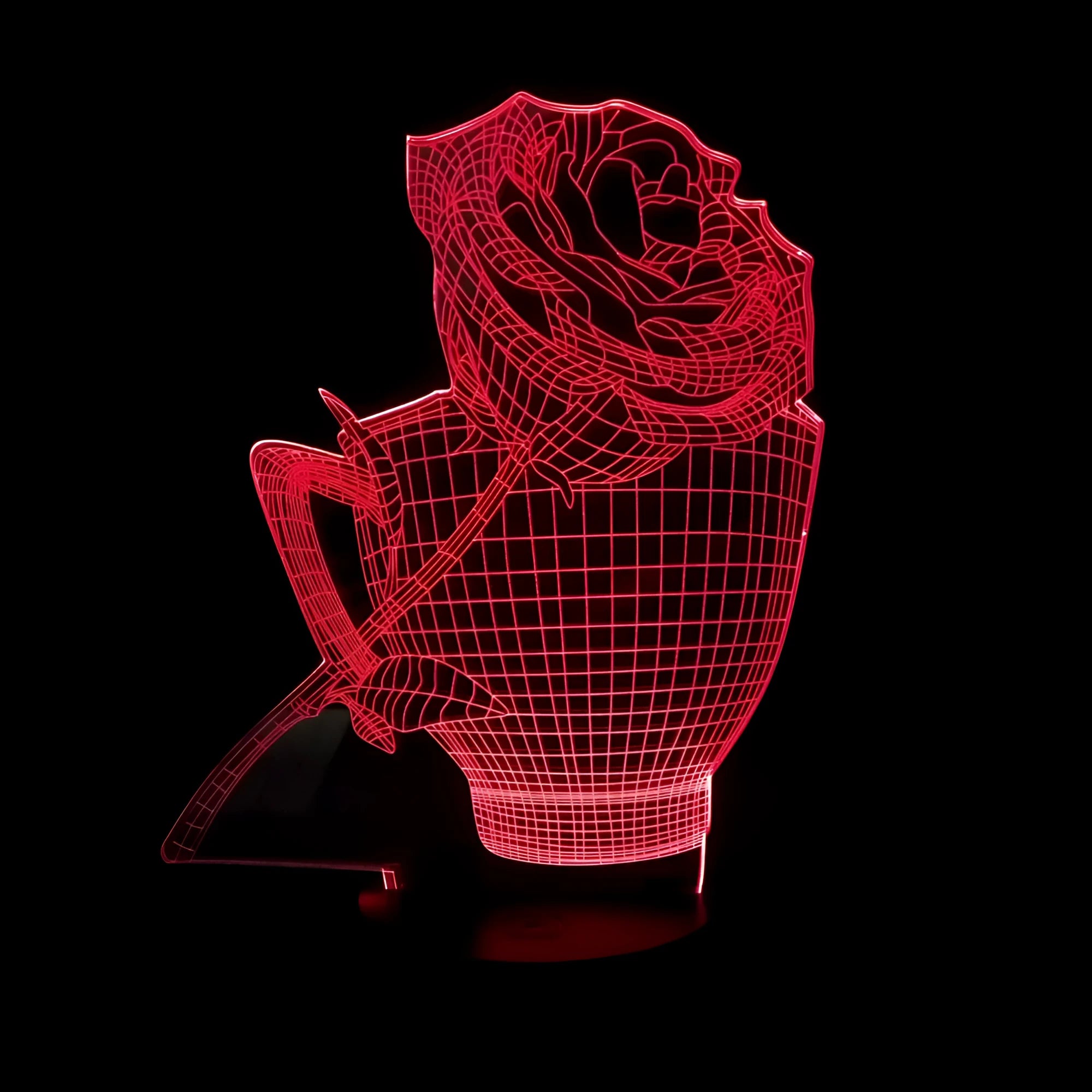 3D rose flower shaped night light glowing with multi-coloured LEDs on a black ABS base.