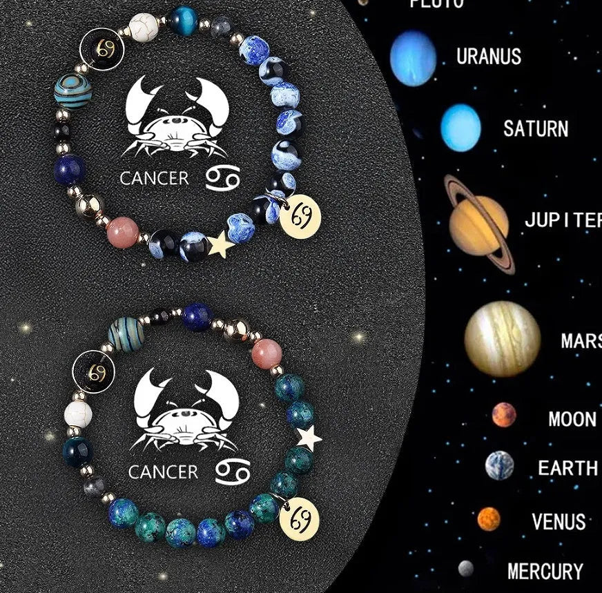 Two natural stone beaded bracelets with zodiac sign charms on a dark background.