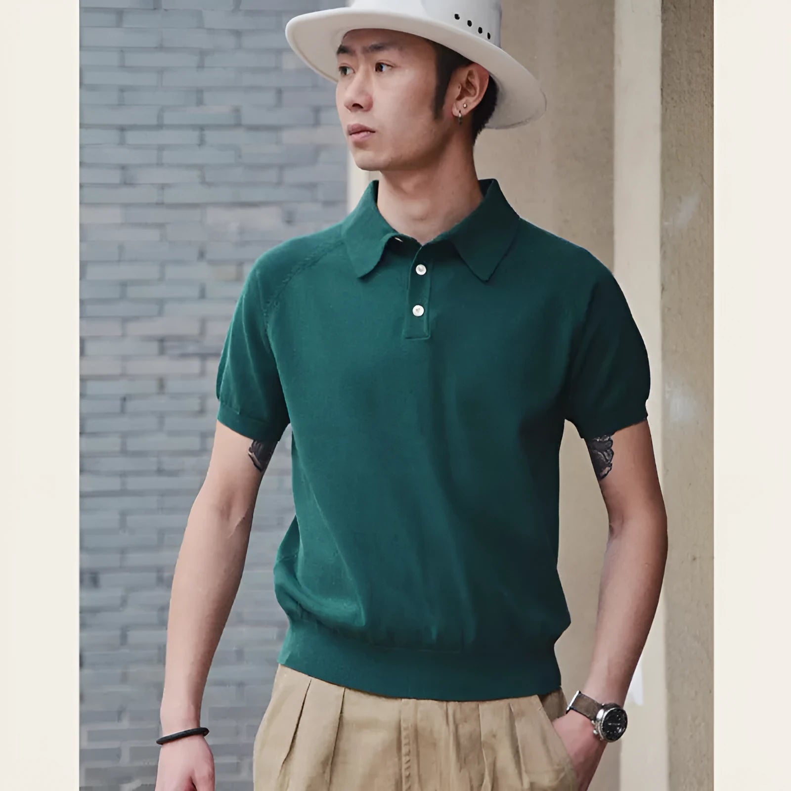 Retro slim-fit short-sleeved cotton T-shirt in a solid colour, shown in a casual setting.