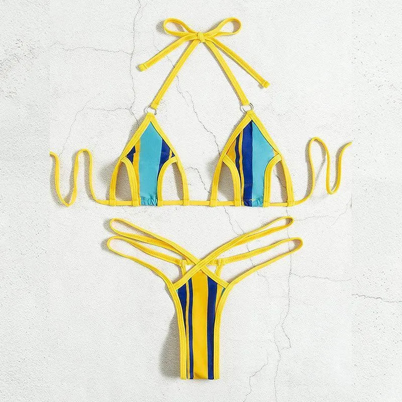 Yellow split swimsuit for women with neck-hanging backless top and high waist shorts