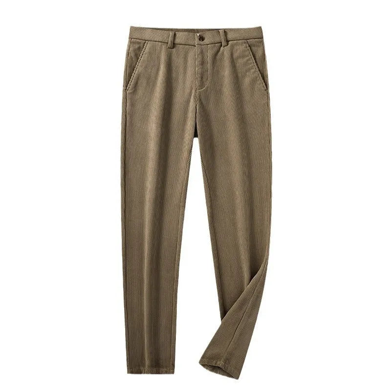 Retro striped straight-leg trousers in khaki colour with zip-fly closure
