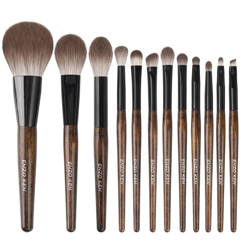12 piece makeup brush set with wooden handles and powder foundation brush in PU storage bag