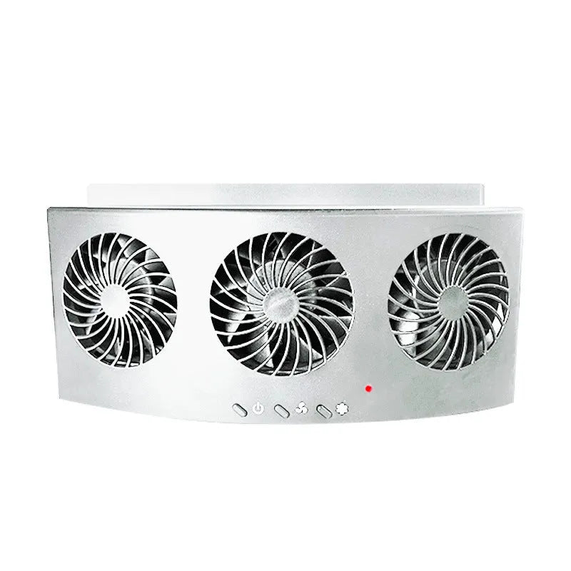 Black and white portable USB-powered car ventilation fan on a car dashboard.
